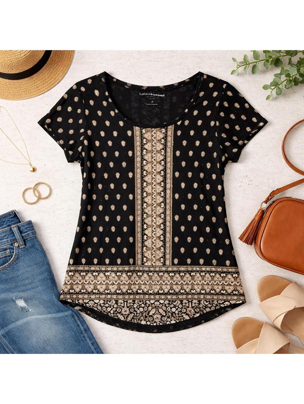 Lucky Brand Black Boho Print Short Sleeve Top Size Small